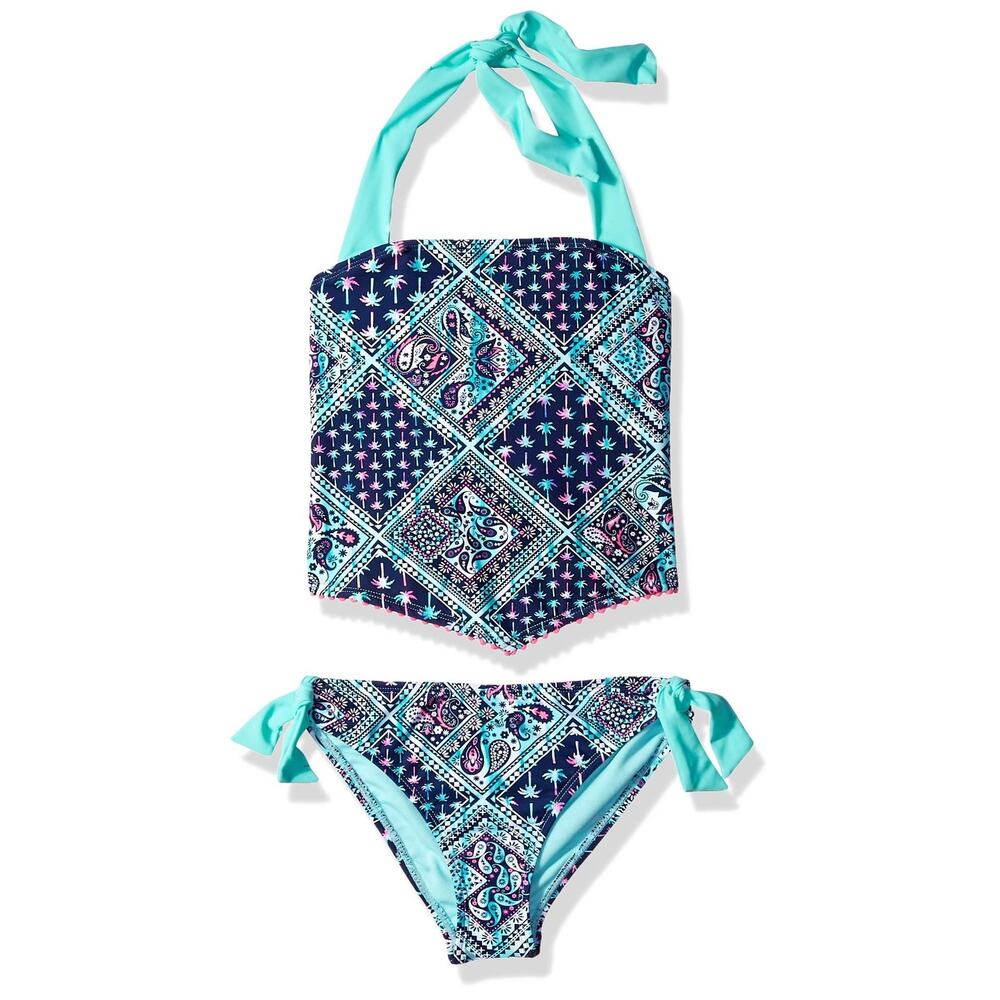 Angel Beach Girls High Neck Tankini Swimsuit Set Blue Tile Print Size 14
